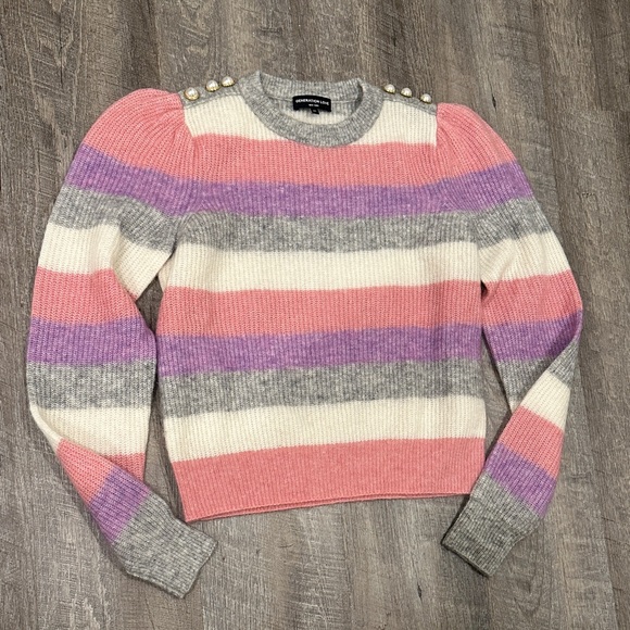 XS NEW Generation Love Striped Pink and Gray Sweater with Pearl Accents - Picture 1 of 4